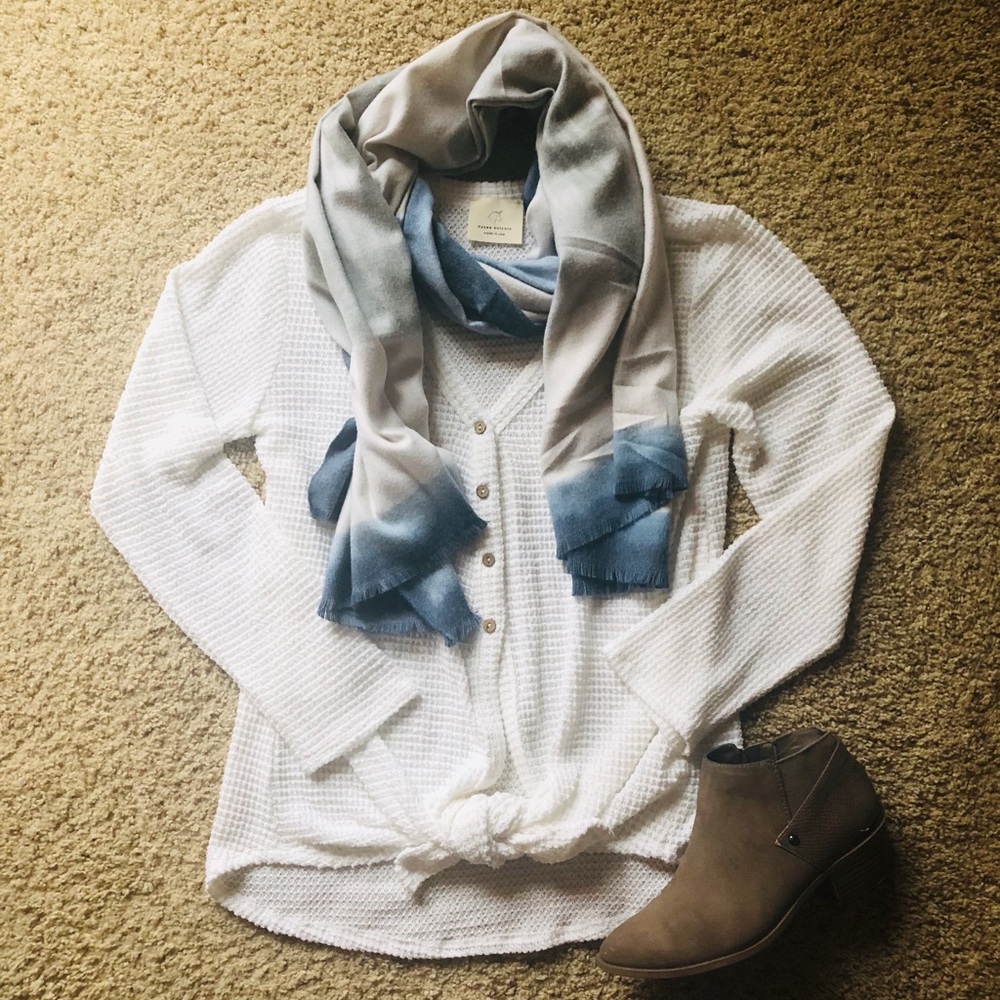 Waffle Knit Button Up Tie Front Long Sleeve Top